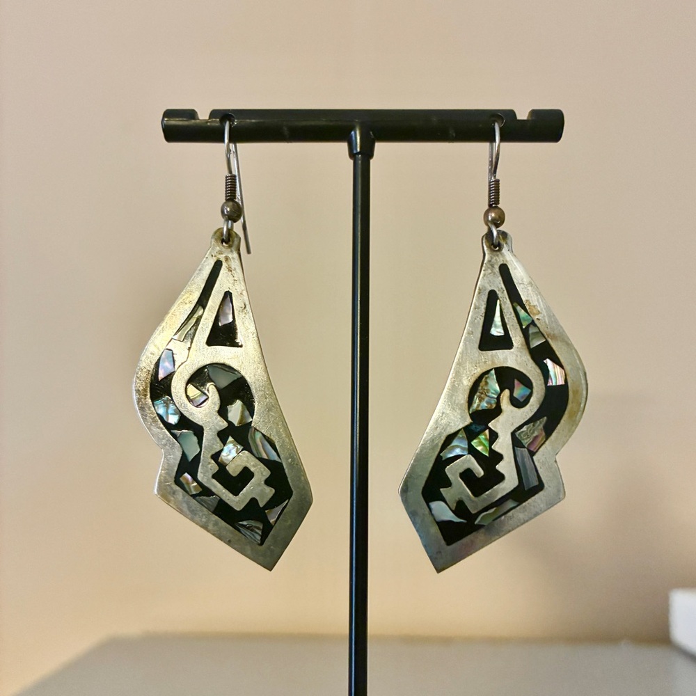 Onyx Abalone Inlay Art Vintage Mexico Earrings